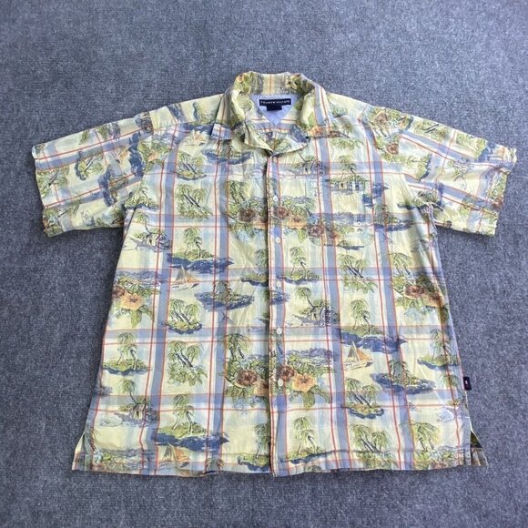 Vtg Tommy‎ Hilfiger Hawaiian Shirt Mens L Yellow All Over Print Cotton Golf Y2K - Picture 1 of 14